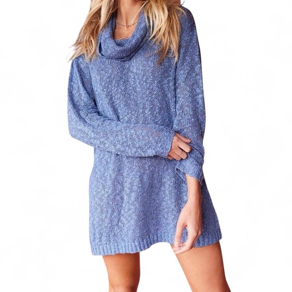 NWT Somedays Lovin Fading Light Women’s Blue Cowl Knit Sweater Dress — SMALL - Picture 3 of 7